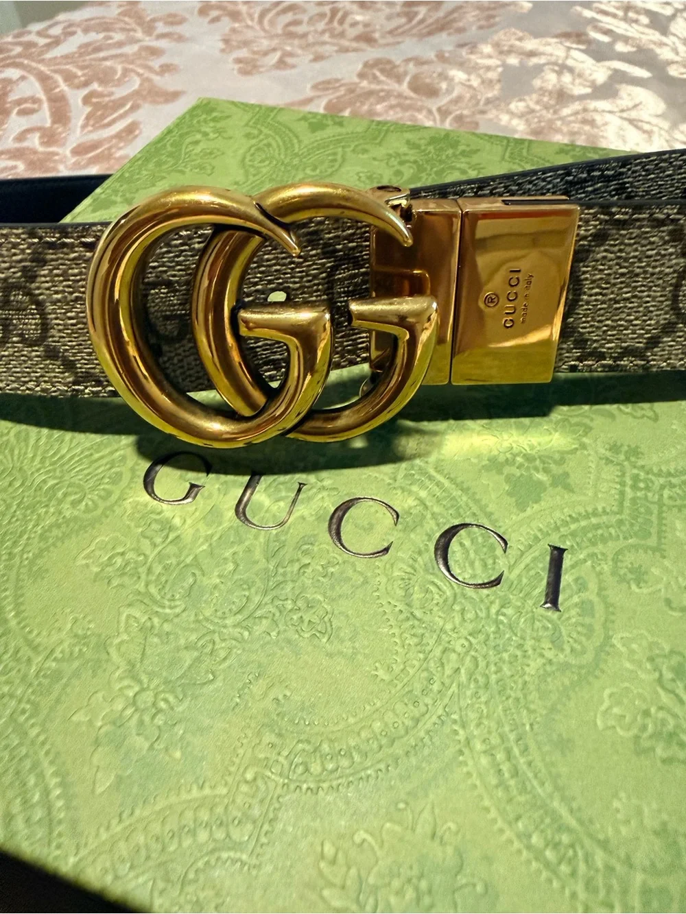 Gucci GG Monogram Reversible Belt with Gold Double G Buckle - Beige/Black - Picture 5 of 7